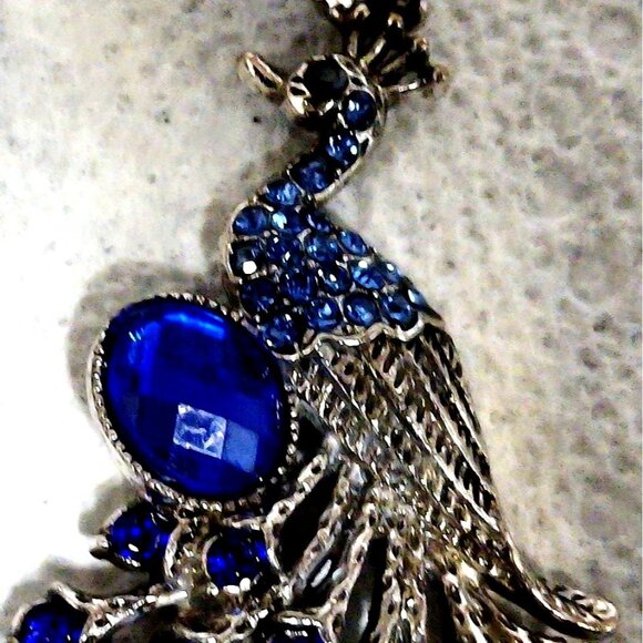 Peacock Earrings Dangle Blue Faux Rhinestone Silver Plating Metal 3.5" Length - Picture 4 of 9